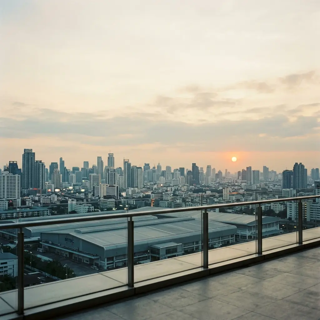 Bangkok skyline with the BITEC convention centre — Messe Atlas is headquartered in Bangkok
